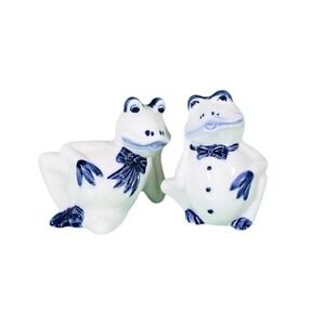 Delft Blue Style Ceramic Frog Figurines Set of 2 Blue White Windmill Design